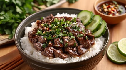 Poster - A mouthwatering image of beef rice in a deep bowl, with the beef marinated in a savory sauce, accompanied by lime wedges and sliced cucumbers on the side.