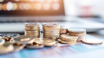 Poster - Stack of shiny coins on financial documents and laptop showing the concept of investing and savings : Generative AI
