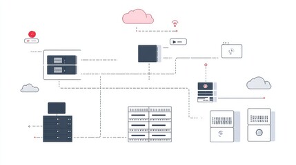 Poster - A network diagram featuring server nodes and two-tone cloud icons, representing infrastructure scalability and connectivity in cloud computing.