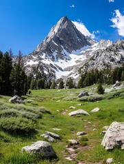 Aufkleber - Stunning mountain view with snow capped peaks and serene grassy meadows under a bright blue sky : Generative AI