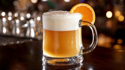 Poster - A pint of wheat beer served in a curvy glass, with a slice of orange on the rim, sitting on a dark wooden table with a blurred beer garden in the background.