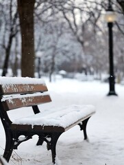 Poster - Snow Covered Park Bench in Quiet Winter Landscape Surrounded by Trees : Generative AI