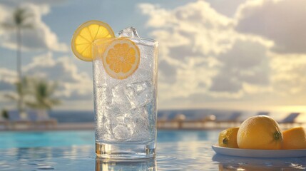 Aufkleber - A refreshing glass of fizzy soda garnished with citrus slices, sitting on a poolside table with a blurred background of a sunny day.
