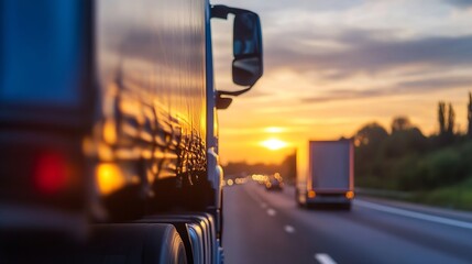 Poster - Stunning sunset view with a truck on the highway creating a perfect travel scene : Generative AI