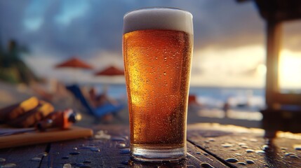 Poster - A refreshing pilsner in a sleek glass, with condensation droplets running down the sides, set against a bright summer picnic table setting.