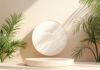 Poster - Minimalist 3D Podium Display with Circular Background and Plants