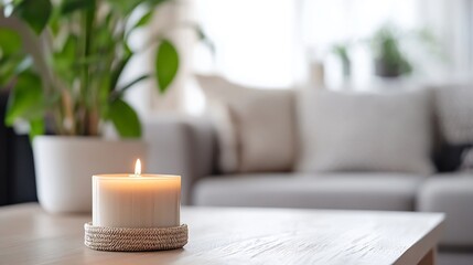 Poster - A Stylish Candle Burning Brightly on a Wooden Table Surrounded by Indoor Plants : Generative AI