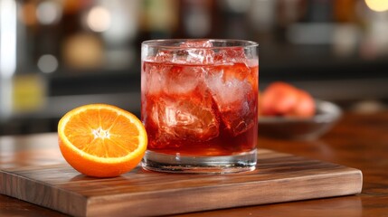 Poster - A rustic wooden board with a half-peeled orange next to a glass of juice, showcasing the vibrant color and texture of the fruit and drink.