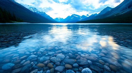 Poster - Serene Mountain Lake with Clear Water and Rocky Bottom Under a Cloudy Sky : Generative AI