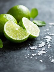 Poster - Halved limes on a dark surface with salt enhancing the vibrant freshness and zest of the citrus fruit : Generative AI