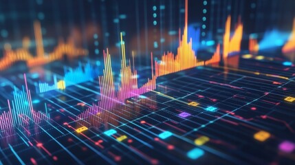 Fototapete - A set of colorful D financial graphs showing stock performance and business growth, set against a dark background with digital elements.