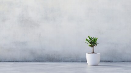 Poster - Small green plant in a white pot against a textured gray background in a minimalist setting : Generative AI