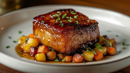 Poster - A slow-cooked pork belly presented with a glossy glaze, resting on a bed of sauted vegetables and drizzled with sauce for a gourmet touch.