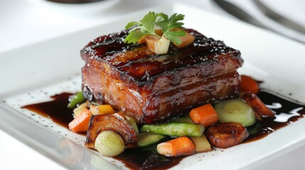 Poster - A slow-cooked pork belly presented with a glossy glaze, resting on a bed of sauted vegetables and drizzled with sauce for a gourmet touch.