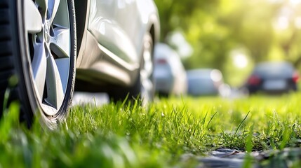 Aufkleber - Low angle view of a parked car with the sunny landscape and lush grass around emphasizing the serene beauty of outdoor living : Generative AI