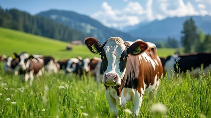 Poster - Beautiful Holstein cow grazing in lush green meadow with scenic mountains in background : Generative AI