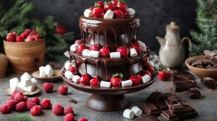 Poster - A stunning image of a chocolate fountain cascading with smooth, melted chocolate, surrounded by fresh fruit and marshmallows for dipping, inviting indulgence.