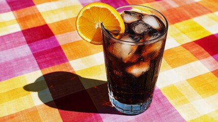 Aufkleber - A tall glass of bright soda with a slice of orange and ice, placed on a vibrant tablecloth, creating a cheerful and refreshing drink presentation.
