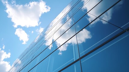 Poster - Modern building glass facade reflecting clouds in bright blue sky during daylight hours : Generative AI