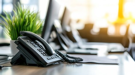 Poster - Stylish office workspace with phone and computer equipment under warm sunlight : Generative AI