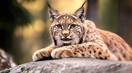 Poster - Majestic Lynx Resting Calmly on a Rock with a Beautiful Natural Background : Generative AI