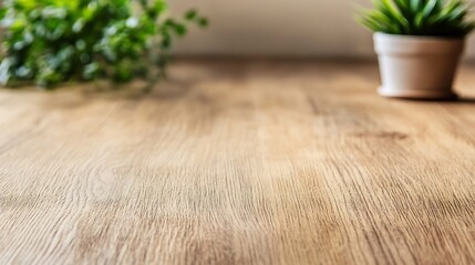 Aufkleber - Close up view of a wooden table surface with a potted plant for a fresh natural vibe : Generative AI