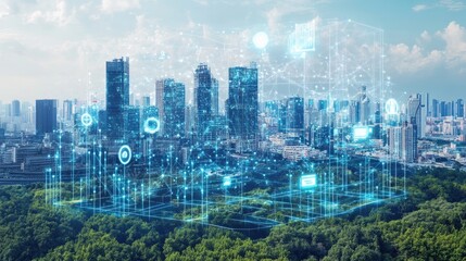Poster - Futuristic energy-efficient urban landscape with smart grid-connected buildings and renewable energy sources.