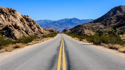 Poster - Endless straight road leading through rugged desert landscape under a clear blue sky : Generative AI