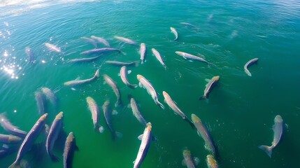 Fototapete - A school of fish swimming gracefully in calm turquoise waters under bright sunlight : Generative AI