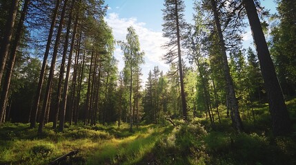 Poster - Sunlight filtering through tall trees in a beautiful serene forest landscape : Generative AI
