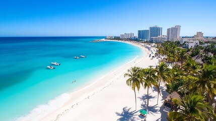 Fototapete - Stunning aerial view of a tropical beach with crystal clear water and sandy shores under bright blue skies : Generative AI