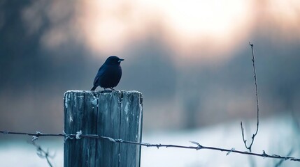 Poster - Isolated Black Bird Perched on a Weathered Wooden Post Against a Blurred Background : Generative AI