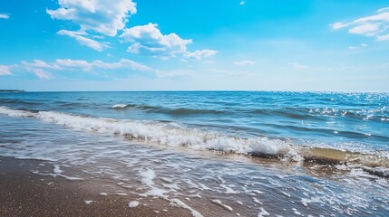 Aufkleber - Vibrant beach scene with gentle waves lapping on the shore under a bright blue sky and fluffy clouds : Generative AI
