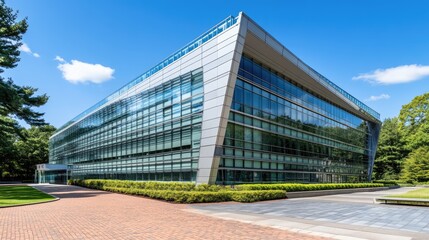 Poster - Modern corporate headquarters with a high-tech facade reducing heat gain and power consumption.