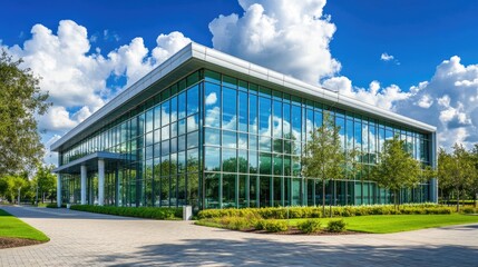 Poster - Modern corporate headquarters with a high-tech facade reducing heat gain and power consumption.