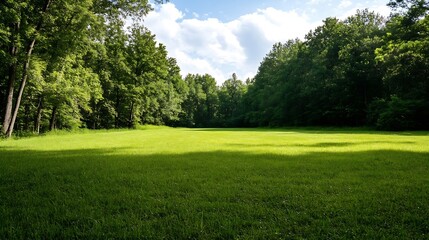 Poster - Lush green meadow surrounded by dense trees in a serene and tranquil environment : Generative AI