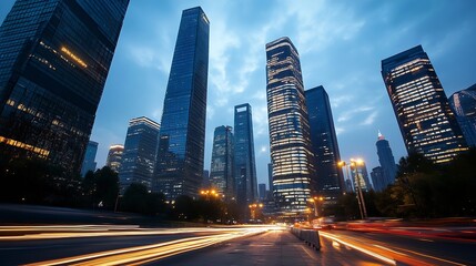 Poster - Stunning skyline of modern skyscrapers against a dramatic evening sky with traffic light trails : Generative AI