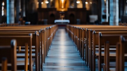 Aufkleber - Interior of an ancient church with pews arranged neatly leading to the altar and warm lighting : Generative AI