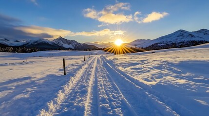 Aufkleber - Breathtaking winter landscape at sunset with snow covered trail and majestic mountains in the background : Generative AI
