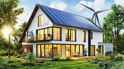 Poster - Sustainable smart home with solar panels, wind turbines, and energy-efficient glass windows.