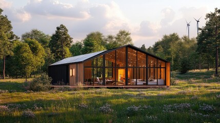 Poster - Sustainable smart home with solar panels, wind turbines, and energy-efficient glass windows.