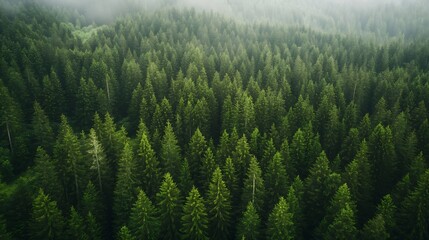 Poster - Aerial view of a dense forest full of evergreen trees surrounded by mist creating a magical scene : Generative AI