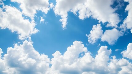 Poster - Bright Blue Sky with Fluffy White Clouds Illuminated by Sunlight in an Open Air Scene : Generative AI