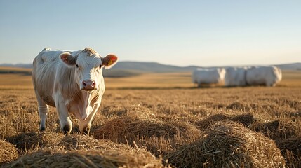 Poster - Calm Rural Scene Featuring a Grazing Cow in a Field with Bales of Hay in the Background : Generative AI