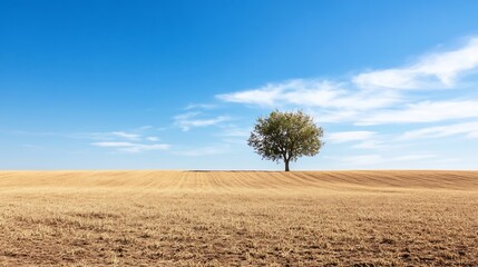Poster - Lone tree standing on golden field under bright blue sky with fluffy clouds in a serene landscape : Generative AI