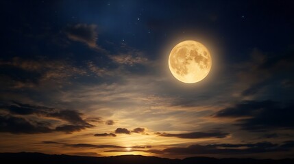 Aufkleber - Magnificent night sky with a full moon glowing above a horizon filled with clouds and distant silhouettes : Generative AI