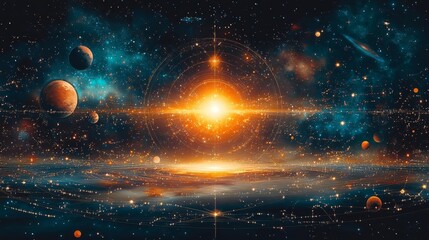 Wall Mural - Astrological Chart with Planets and Stars Orbiting Around a Glowing Central Star. Generative AI