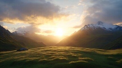 Poster - Stunning Sunrise Over Majestic Mountains and Rolling Green Hills Adorned with Glowing Sunshine : Generative AI