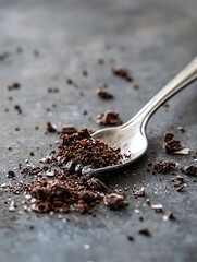 Poster - Closeup view of rich brown coffee grounds scattered next to a silver spoon with an elegant design on a dark background : Generative AI