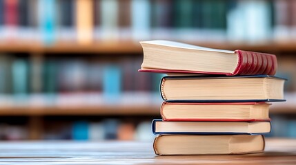 Poster - Stack of assorted books on a wooden table with blurred library background creating a scholarly atmosphere : Generative AI